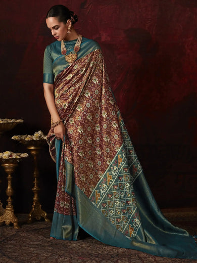 Awesome Brown Patola Printed Silk Function Wear Saree With Blouse